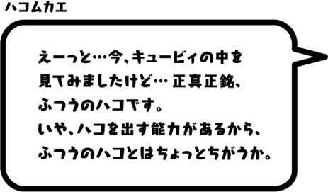 ハコムカエ：えーっと…今、キュービィの中を見てみましたけど…正真正銘、ふつうのハコです。いや、ハコを出す能力があるから、ふつうのハコとはちょっとちがうか。