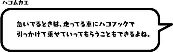 ハコムカエ：急いでるときは、走ってる車にハコフックで引っかけて乗せていってもらうこともできるよね。