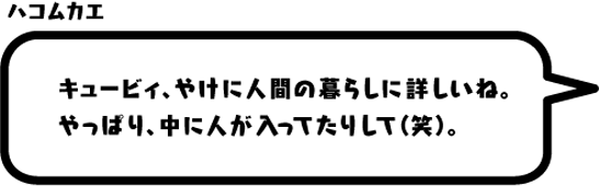 ハコムカエ：キュービィ、やけに人間の暮らしに詳しいね。やっぱり、中に人が入ってたりして（笑）。