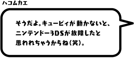 ハコムカエ：そうだよ。キュービィが動かないと、ニンテンドー3DSが故障したと思われちゃうからね（笑）。